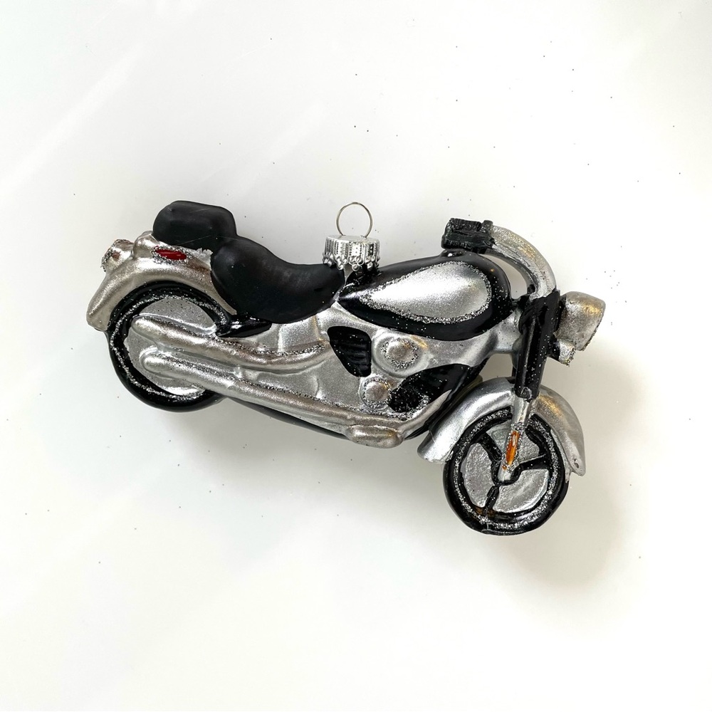 Holiday | Collectors! Glass Ornament Silver Motorcycle w Black Details | Vintage